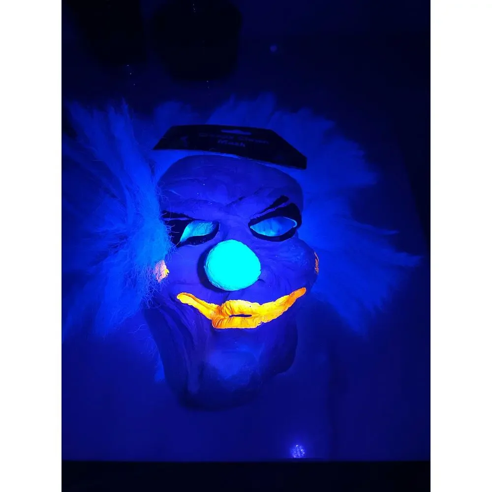 Creepy Clown Mask Halloween Costume Black Light Glows Pennywise Blue Hair NWT